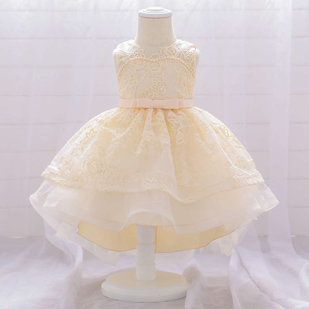 New One Year Old Dress Mesh Embroidered Princess Dress Bow Beaded Cake Dress Tuxedo Sleeveless Photography Dress
