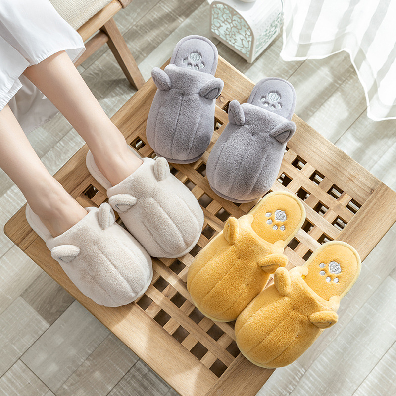 Popular fabric plush cotton slippers cute women's winter non-slip couple home warm home indoor men's confinement cotton shoes