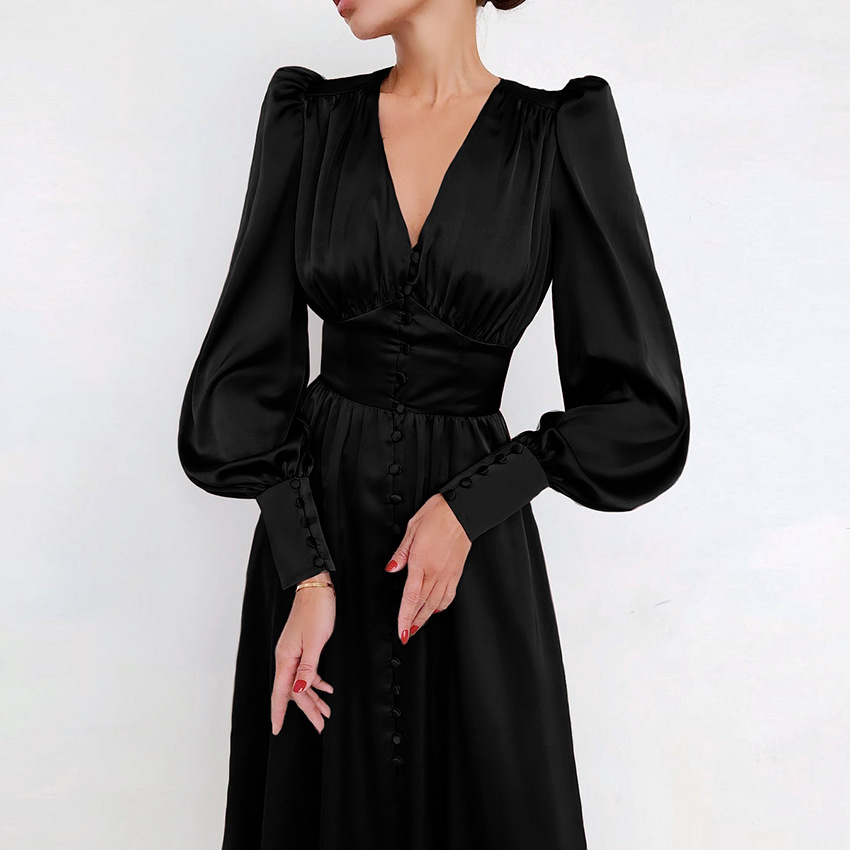 2024 Spring New Satin Dress Women's Design Sense Lantern Sleeve Tight Waist Slimming European and American Elegant Slim-Fit Dress