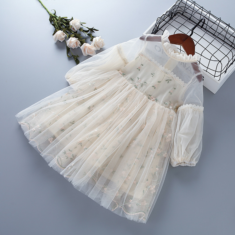 Spring and autumn new children's skirt lace mesh embroidery bubble sleeve long sleeve girls dress Korean version of a generation of hair