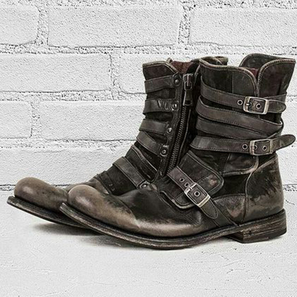 2021 new foreign trade cross-border round head belt buckle side zipper thick heel casual men's short boots large size wholesale_voghion.com