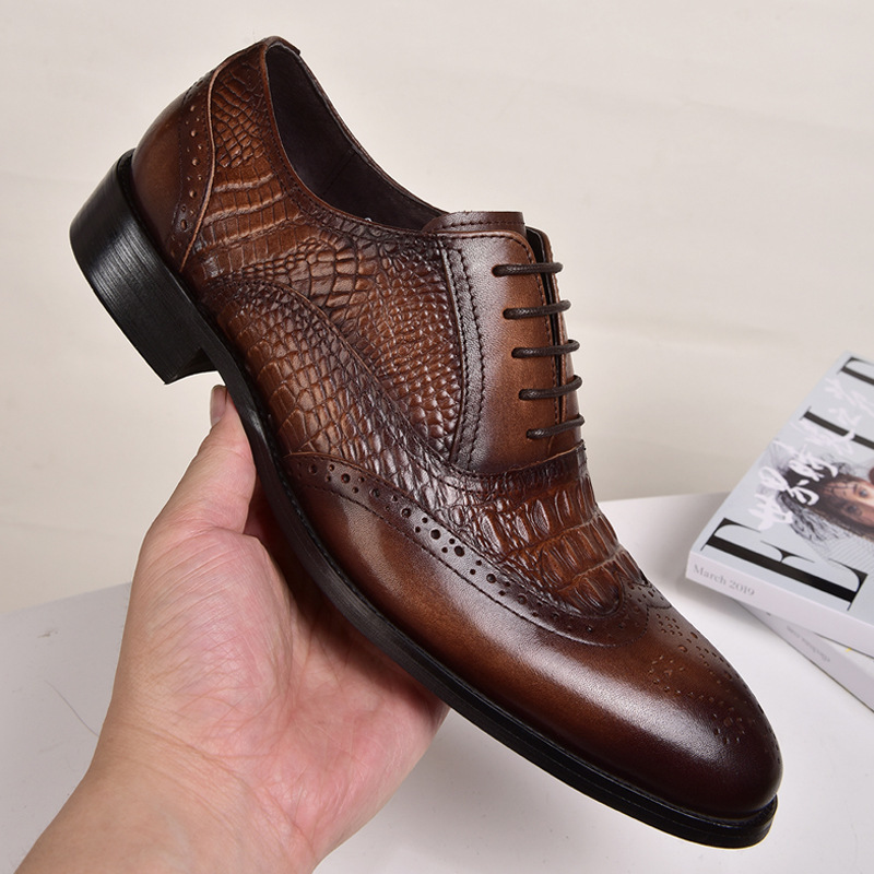 Aofu Shoes Cross-border New 2020 Brock Oxford Men's Old Vintage Leather Shoes Crocodile Pattern Leather Shoes Large Size