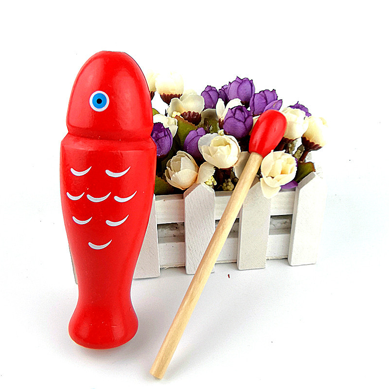 Red fish-shaped wooden fish toddler percussion instrument Orff musical instrument wood color Clapper sound tube music teaching aids