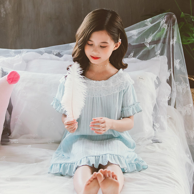 Girls nightdress female summer princess wind cotton summer children thin princess short sleeve lace half sleeve a generation of hair