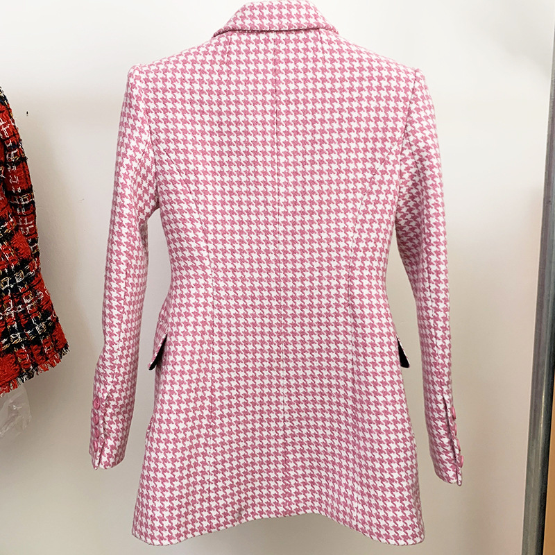 Spot European and American quality sharp 2024 autumn and winter suit collar slim pink houndstooth wool coat coat_voghion.com