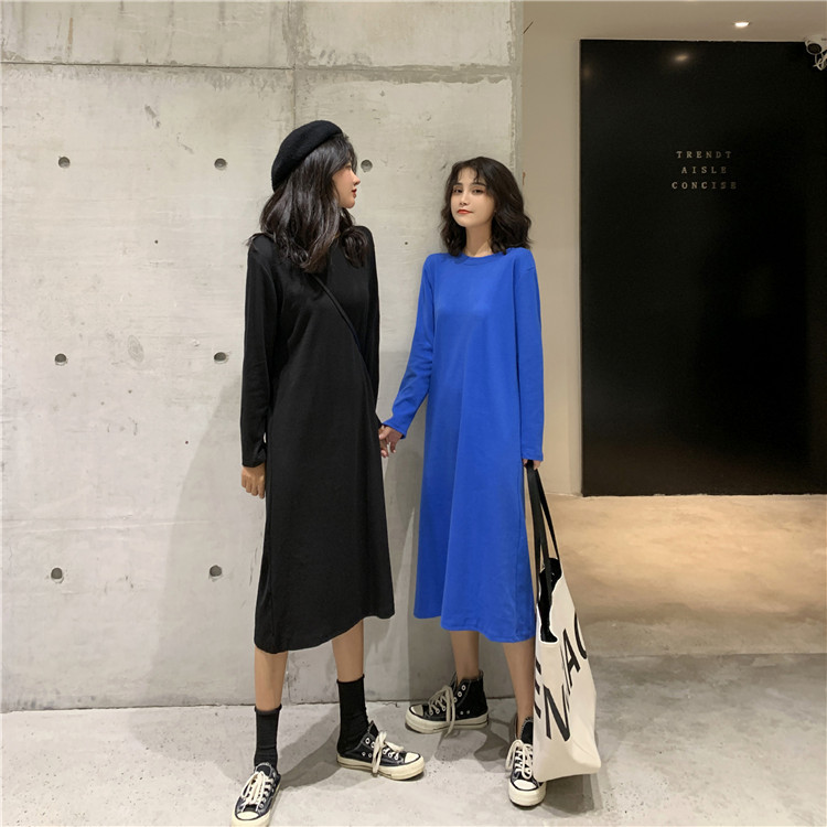 2025 Korean Version New Loose and Slimming Long-Sleeve Straight Pure Color Dress for Women, Knee-Length Medium-Length Student Base Dress