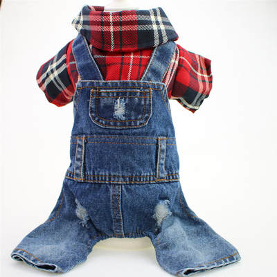 Pet clothes Teddy than bear dog four-legged large plaid denim jumpsuit spring, autumn and winter new manufacturers