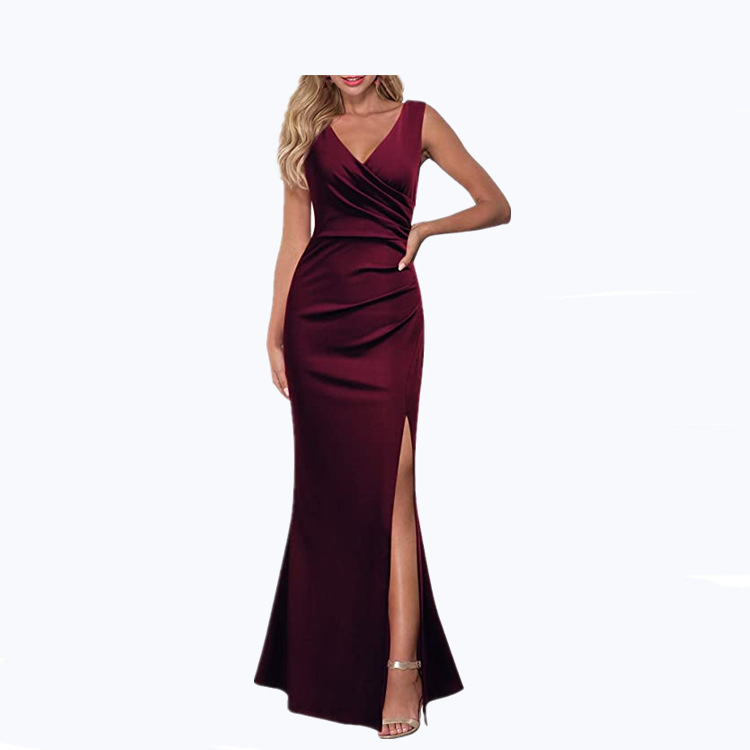 2020wish Cross-border Summer New European and American Dress Solid Color Slim Slim Strap Split Long Dress