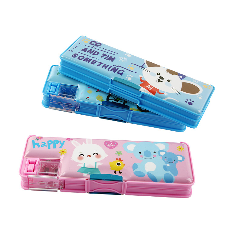 Multifunctional children's pencil case cartoon pencil case with pencil sharpener double open plastic pencil case for primary school students