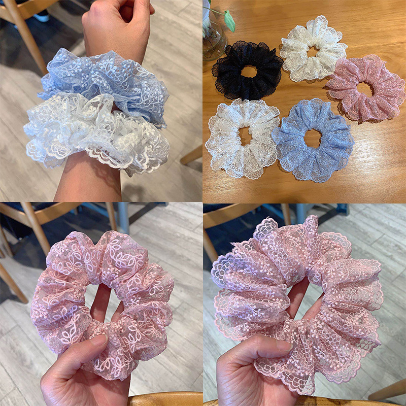 韓國ins新款蕾絲刺繡波點花邊大腸圈發圈網紅仙女發圈跨境髮飾