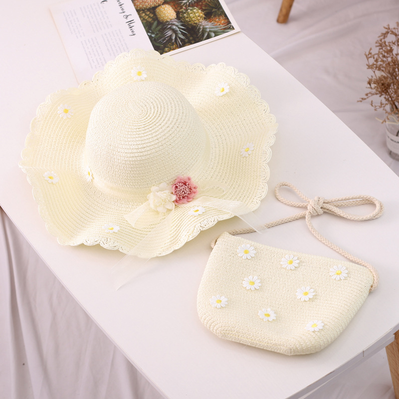 Chapeau de paille pour fille, chapeau d'été en ruban de paille, chapeau pare-soleil à fleurs, chapeau de pêcheur, ensemble de sacs de protection solaire parent-enfant_voghion.com