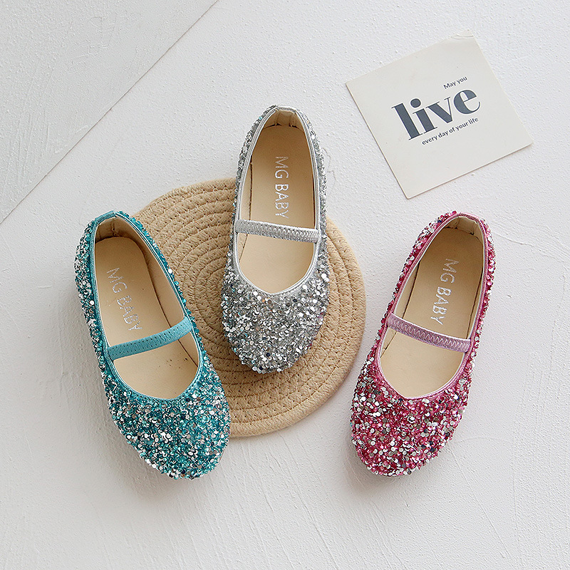 Girls' Leather Shoes Princess Shoes 2023 Spring New Candy Color Korean Style Soft-soled Children's Shoes with Sequins for Little Girls