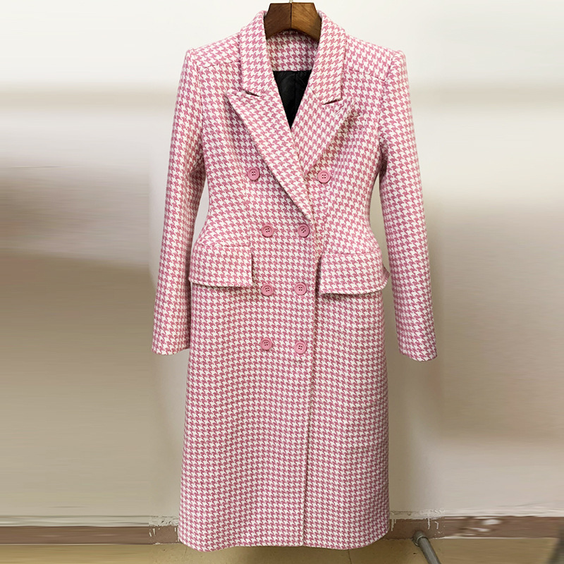 Spot European and American quality sharp 2024 autumn and winter suit collar slim pink houndstooth wool coat coat_voghion.com