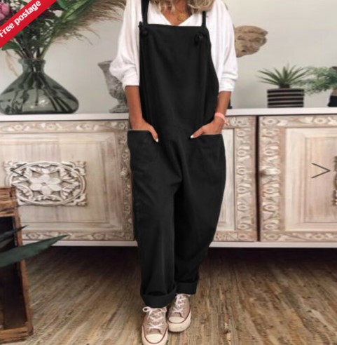 Ebay2023 Summer New Solid Color Casual Retro Pocket Sleeveless Cotton Linen Jumpsuit with Adjustable Lace