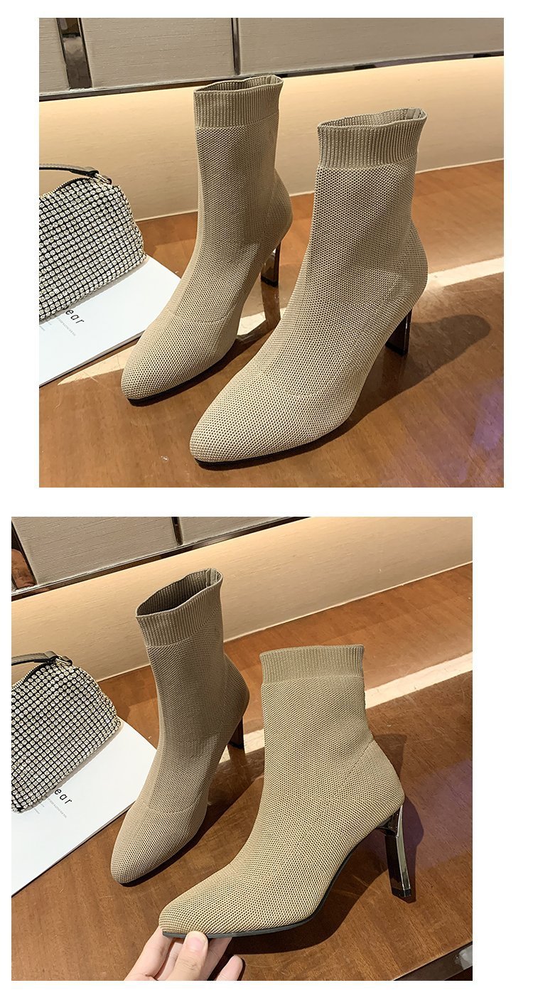 Špicaté ponožky Čižmy Dámske hrubé podpätky 2023 Jarná novinka Vysoké podpätky strečové čižmy s plochým podpätkom Vlnené čižmy Móda Krátke čižmy_voghion.com