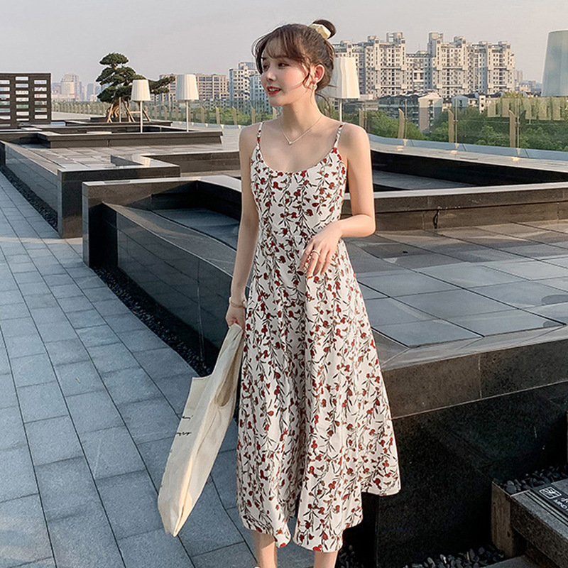 Floral Sling Dress Women's 2021 New Summer Fashion A- line Dress Korean Style Fashionable Mid-length Dress Women's Dress