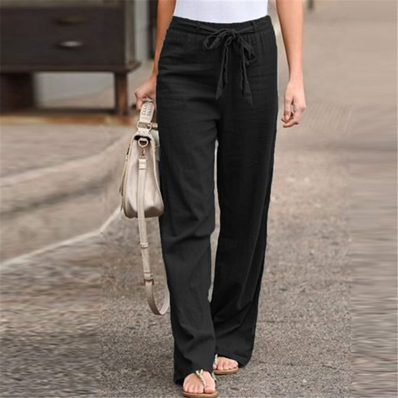 2023 cross-border women's wear wish AliExpress summer elastic waist solid color cotton linen wide leg pants loose trousers for women