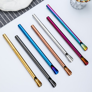 304 stainless steel spoon type straw mixing smoothie double skin milkshake straight straw cold drink straw spoon logo