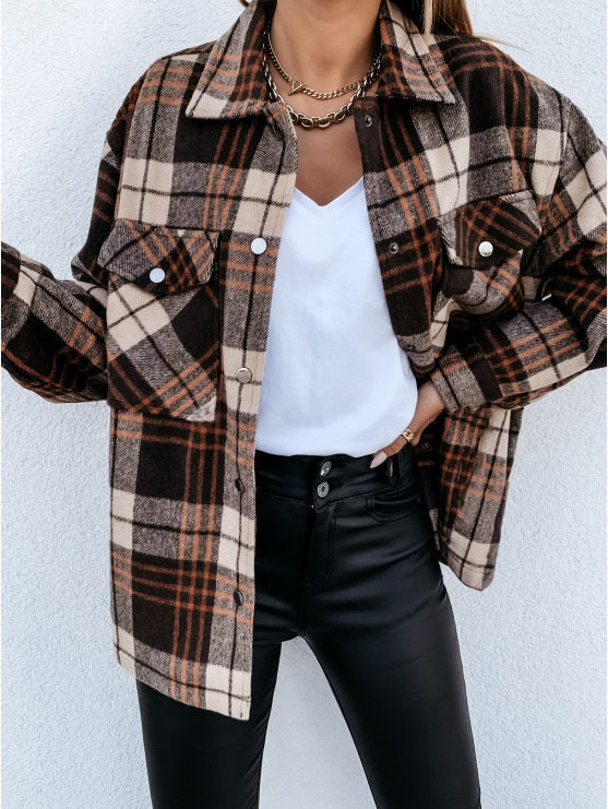 ebay AliExpress wis ins Internet Popular Autumn and Winter Loose Casual Retro Plaid Long Sleeve Shirt Jacket for Women