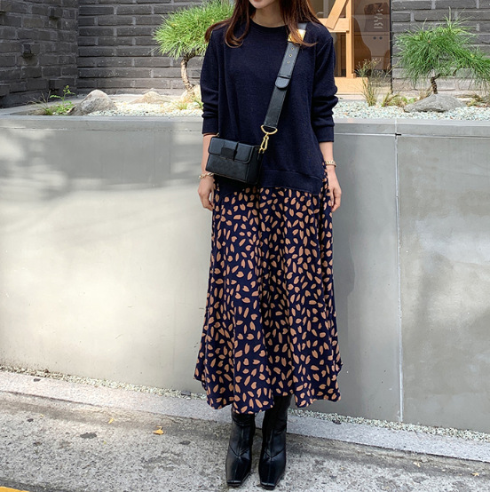 2020 Autumn Large Size Women's Long-Sleeved T-Shirt Stitching Printed Large-Swing Dress Crewneck Fake Two-Piece Long Dress