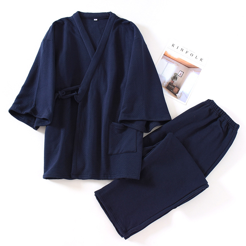 Fall/winter Japanese men's kimono pajamas knitted cotton air layer cotton plus size home clothing two-piece suit 200kg