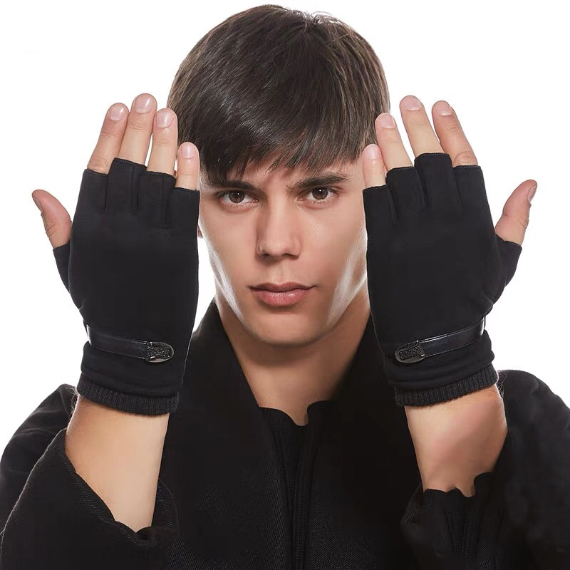 Half-Finger Gloves Men's Autumn and Winter Warm Fleece-Lined Thin Student Driving Five-Finger Outdoor Half-Finger Exposure Writing Gloves