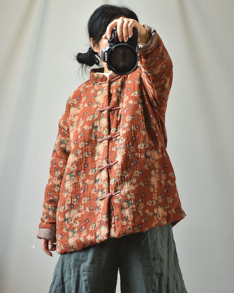 Naran/original plus size cotton and linen women's clothing Chinese cardigan stand collar casual cotton-padded clothes vintage printed warm cotton-padd_voghion.com