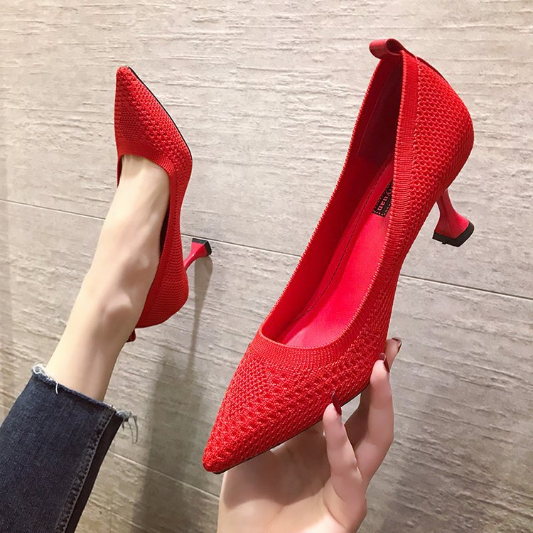 High Heels Women's Stiletto Pointed Shoes Spring and Autumn 2020 New Elastic Knitted Shallow Mouth Women's Shoes Four Seasons Shoes