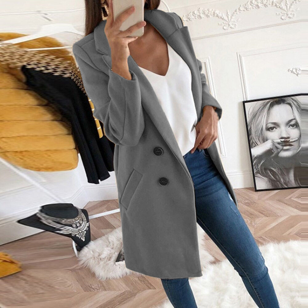 2022 Europe and the United States Amazon new wish solid color lapel long button tweed coat women