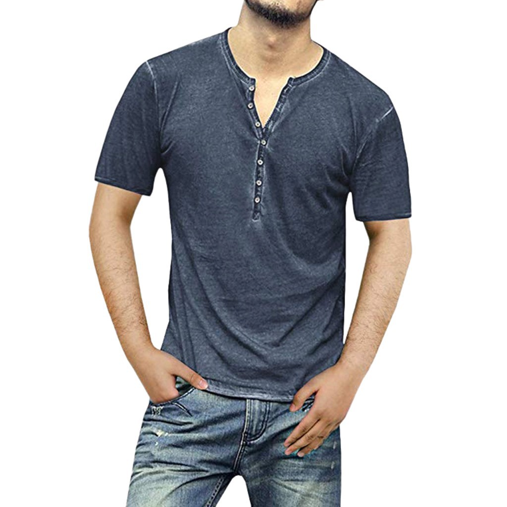 2020 Amazon wish AliExpress new distressed small V-neck cardigan men's casual short sleeve Henry shirt T-shirt