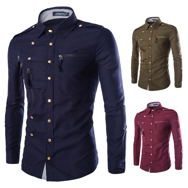 Large size new recommended European and American domineering slim long sleeve shirt men's shirt complex multi button shirt