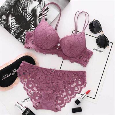 Factory direct women's European and American sexy lace bra set underwear beautiful back deep V small chest gathered comfortable and breathable