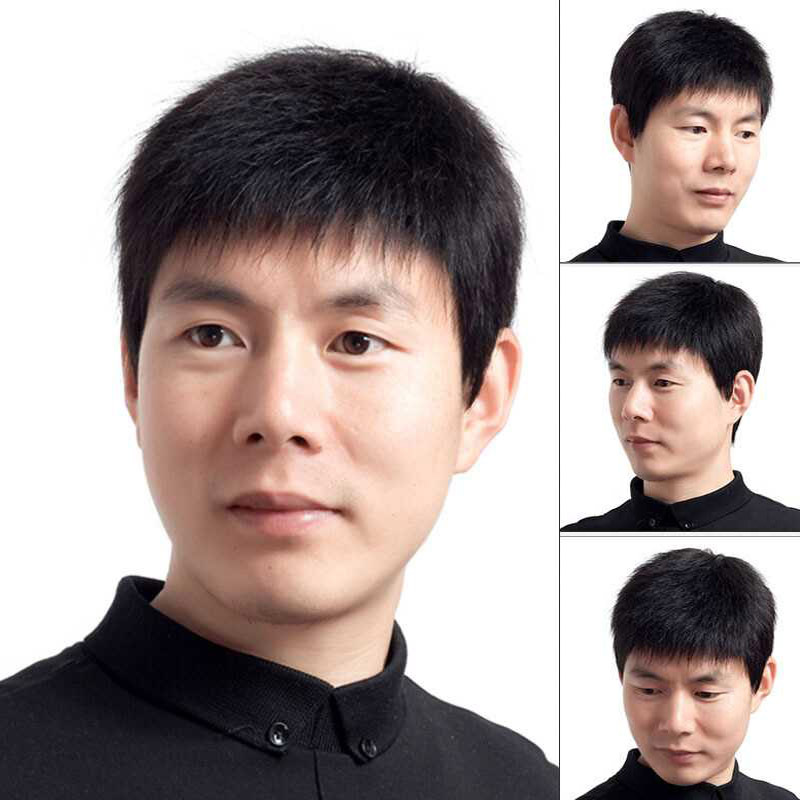 Real wig men's short hair middle-aged and elderly men's wig short straight hair real hair wig head cover factory wholesale