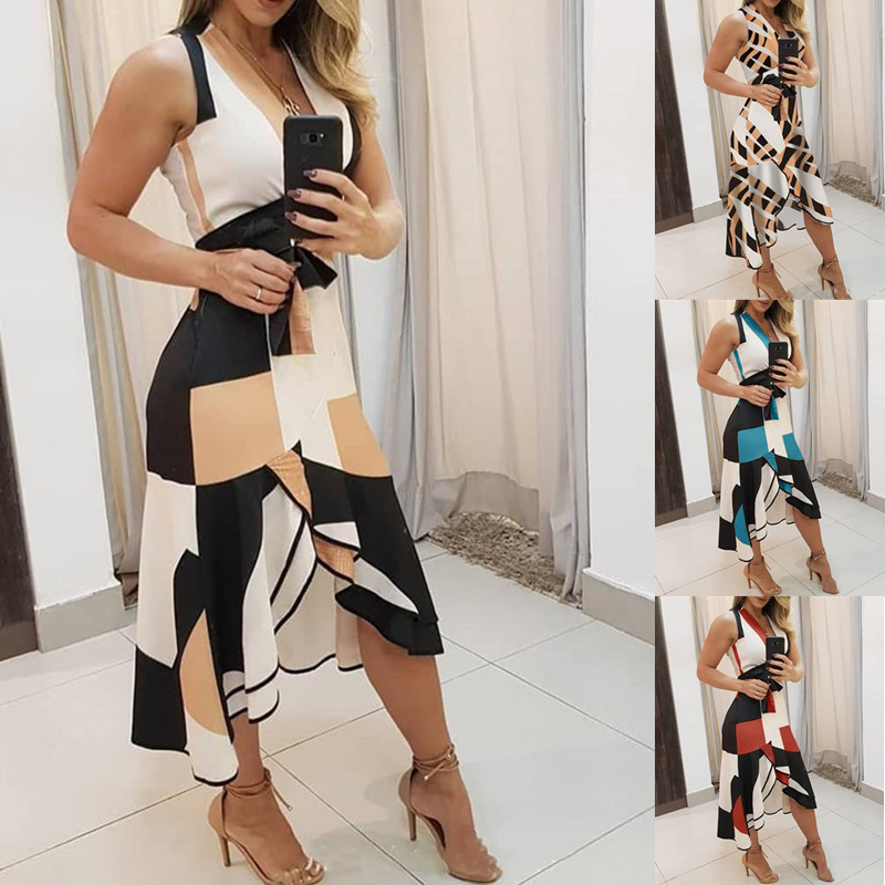 2020EBAY AliExpress WISH explosions summer V-neck sleeveless contrast color printed ladies dress women's clothing