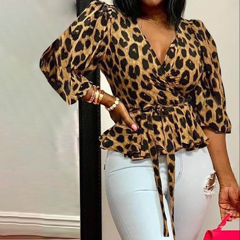 2024 cross-border wish European and American ebay Amazon large size V-neck long-sleeved loose leopard print tops women's clothing now