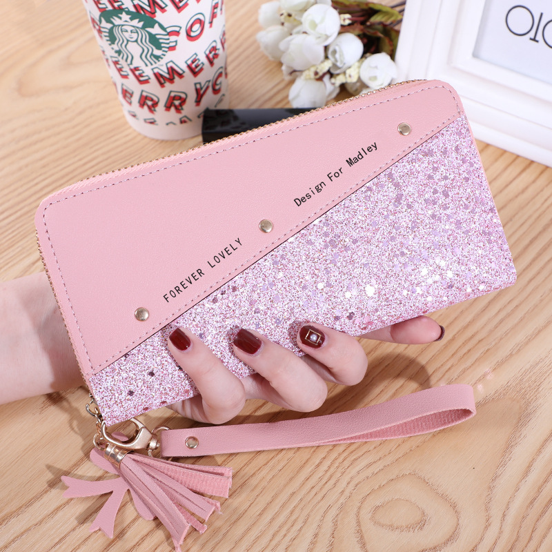 2020 New Wallet Long Women's Zipper Wallet Women's Korean-style Stitching Color Tassel All-match Card Case Mobile Phone Bag