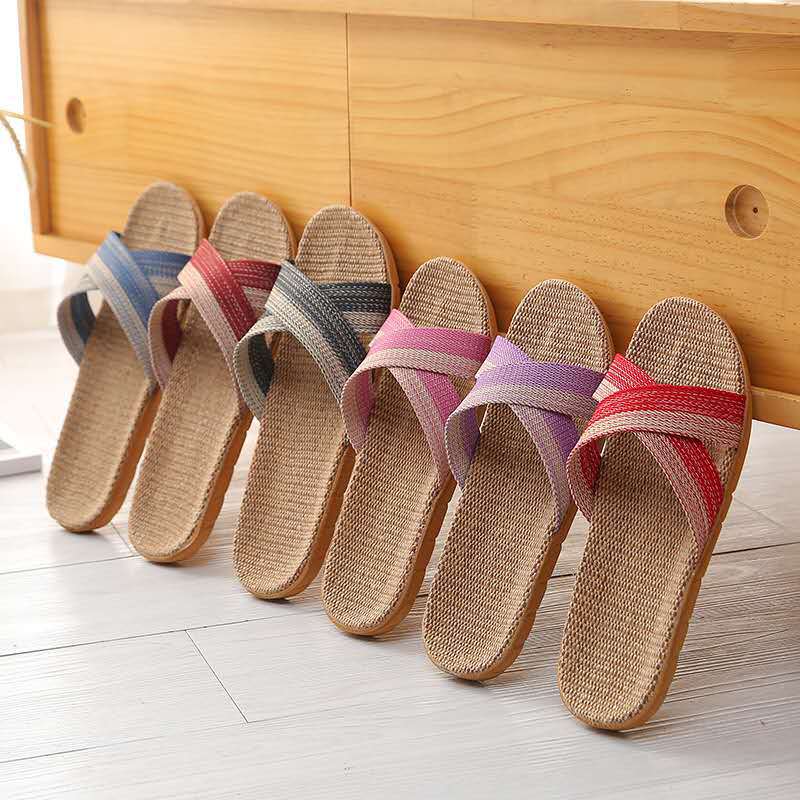 Linen Slippers Home Couple Indoor Slippers Wooden Floor Cotton and Linen Home Non-slip Thick Bottom Summer Sandals for Men and Women