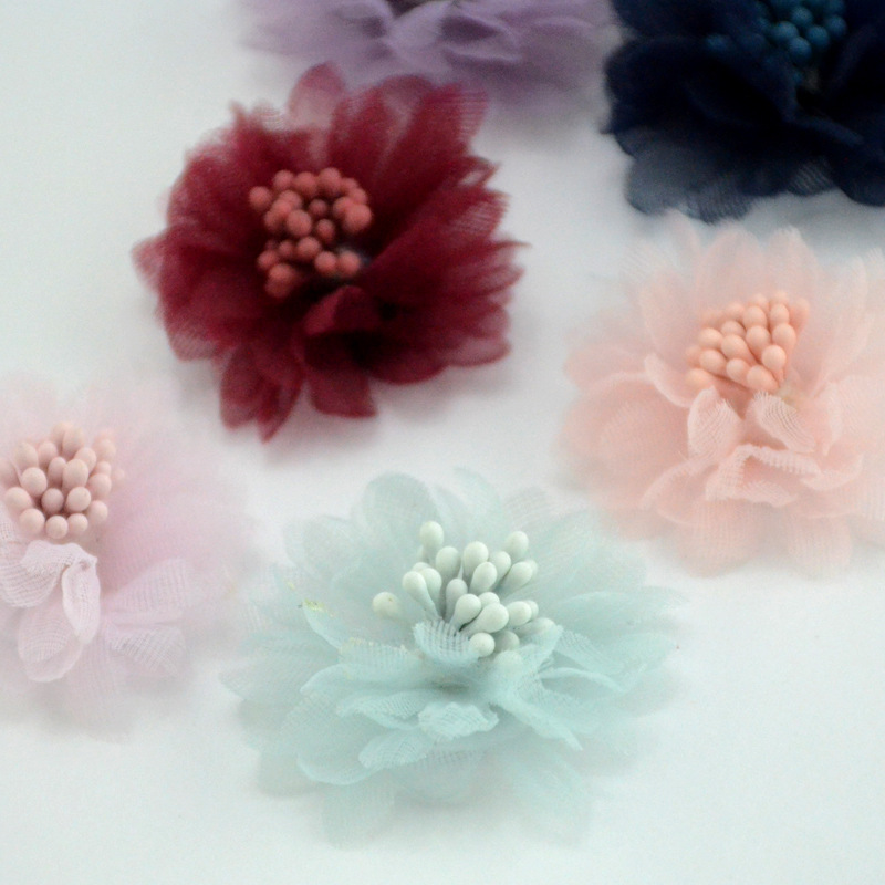 Korean version of mesh fabric with flower core 4cm flower handmade DIY beach shoes bag hair accessories accessories
