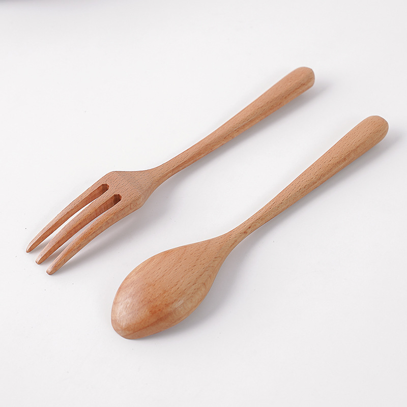 Beech Wood Spoon Creative Japanese and Korean Style Triangle Handle Solid Wooden Spoon Fork Chopsticks Set Wooden Tableware Small Spoon Laser Engraving