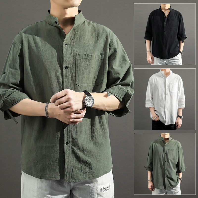 2023 Summer cotton and linen shirt seven-sleeve men's thin Japanese factory wholesale loose European size stand collar men's shirt