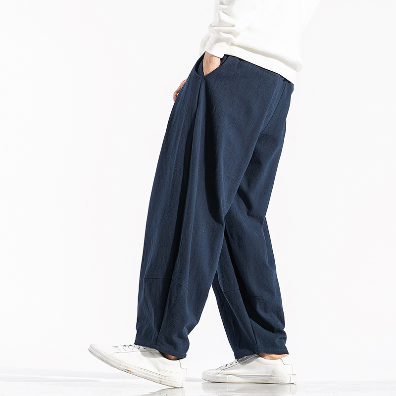 Linen pants men's trousers loose plus size wide leg pants straight cotton linen solid color Chinese style wide leg pants men