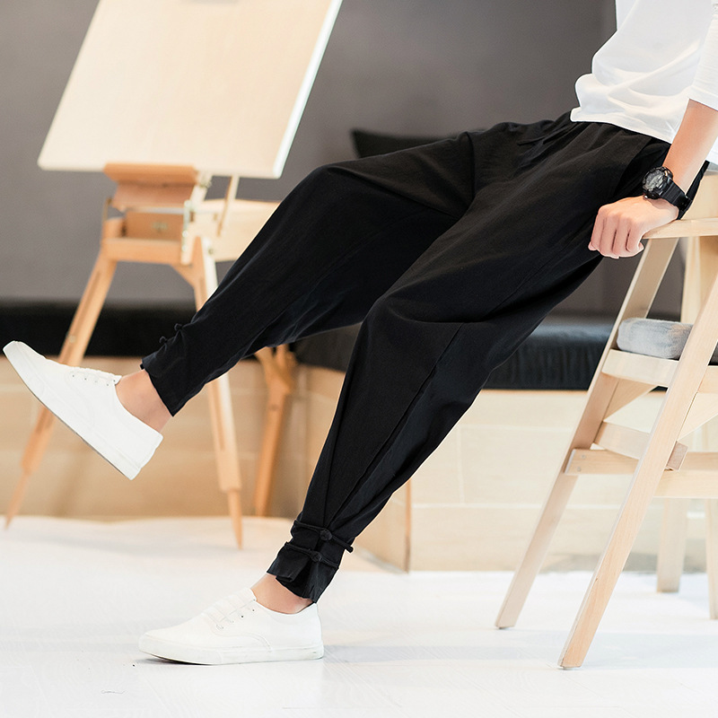 Linen Casual Trousers Thin Men's Chinese-style Loose Hallen Pants Large Size Sports Cropped Pants Men's Tie Pants