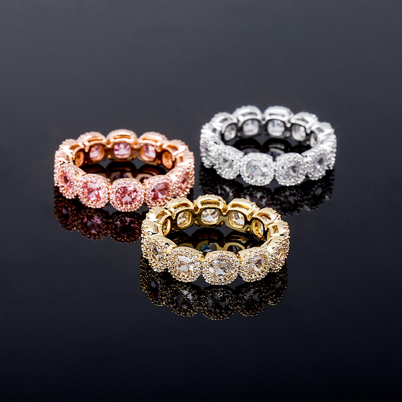 金澳飾品歐美滿鋯石冰糖梅花戒指滿鋯石真金電鍍嘻哈指環Bling
