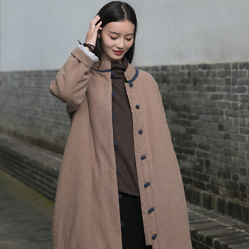 2023 Winter Neue Vintage Chinesischen Stil Vertikale Kragen Chinesischen Stil Kontrast Farbe Platte Schnalle Mittellange Baumwolle gefütterte Jacke Leinen Lose Baumwolle-pad_voghion.com