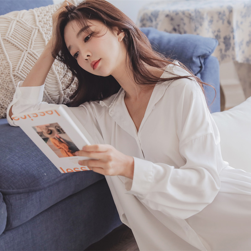 Spring and Summer oversize style pajamas Women's Ice Silk home wear can be worn outside long sleeve sexy boyfriend style shirt nightdress