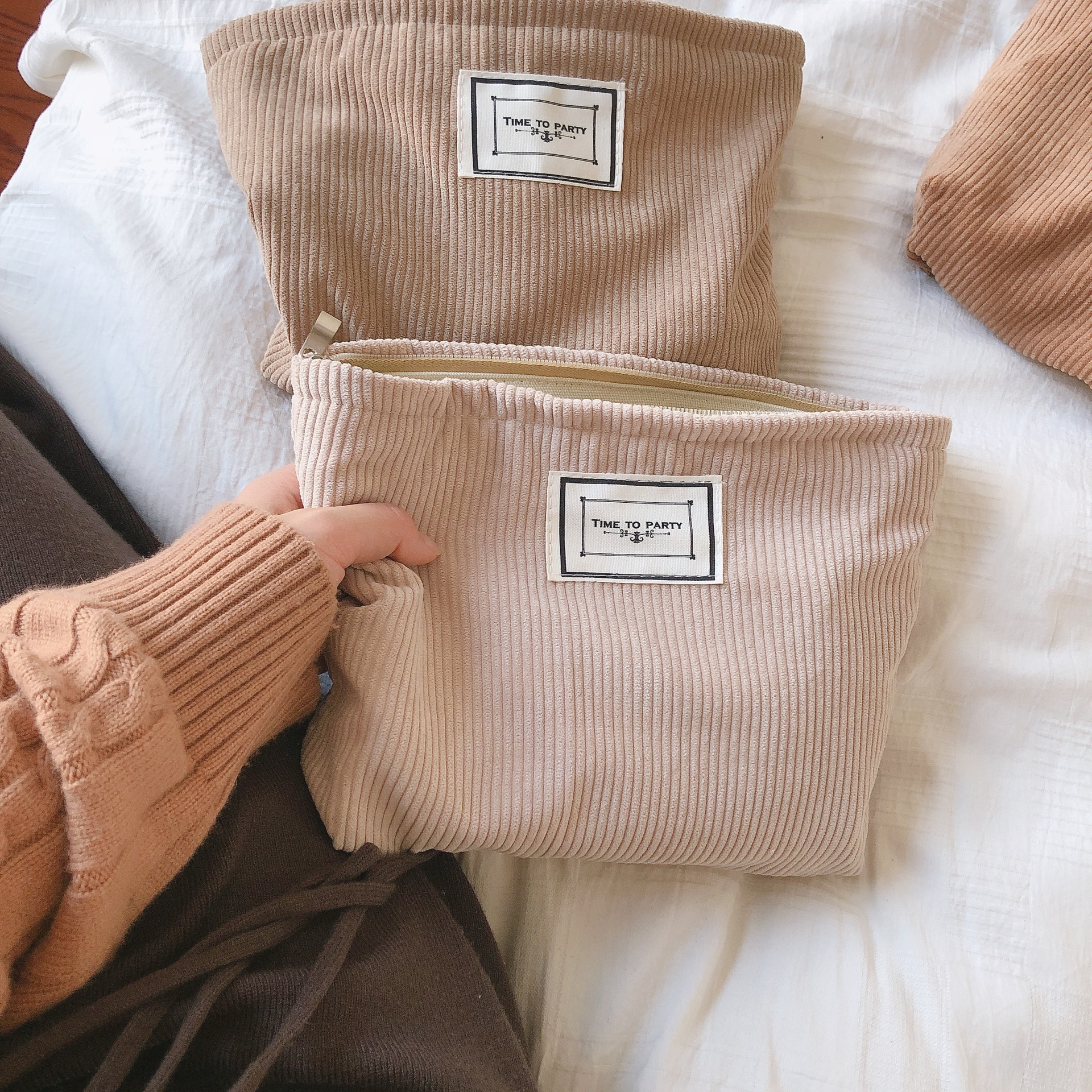 Cream Rice Apricot Brown Camel Cosmetic Bag Hand Bag Wash Bag Corduroy Cloth Bag Korean Simple All-match Solid Color