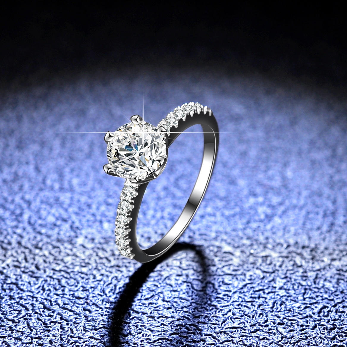 D色莫桑石戒指女純銀一克拉多款熱賣經典皇冠六爪結婚直播貨源
