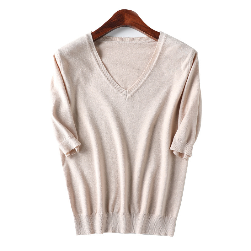 Summer Short-sleeved Women's T-shirt Women's Western-style Sweater Knitted Shirt V-neck Half-sleeve Trendy Korean-style Loose Base Shirt T-shirt