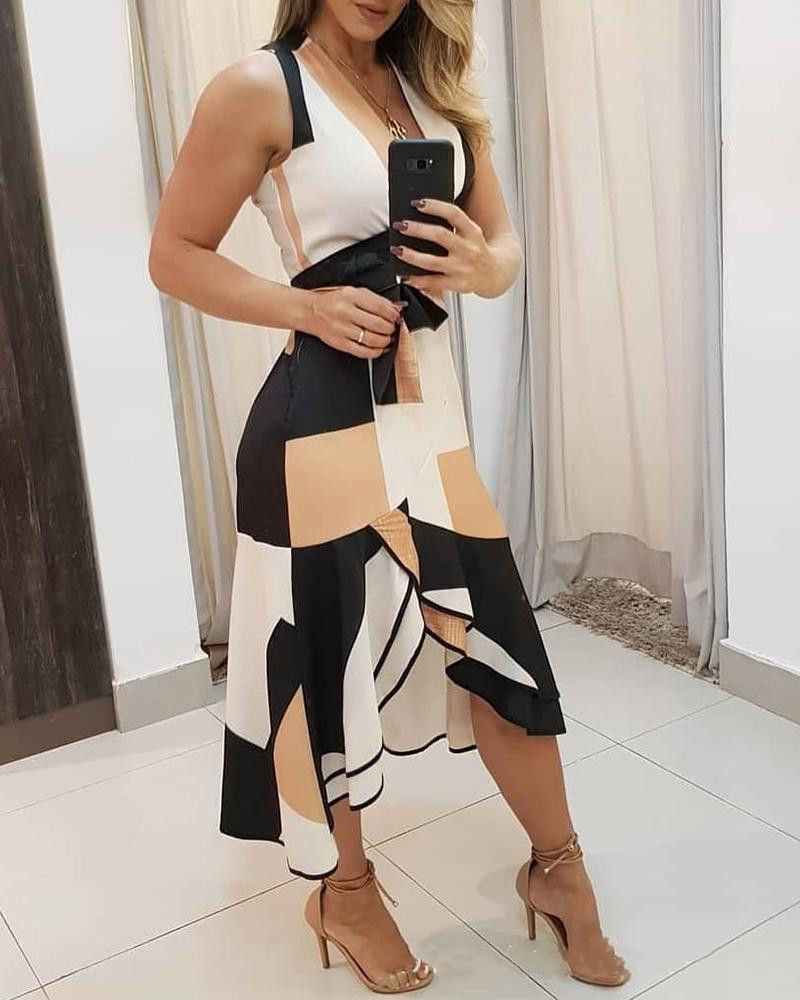 2020EBAY AliExpress WISH explosions summer V-neck sleeveless contrast color printed ladies dress women's clothing