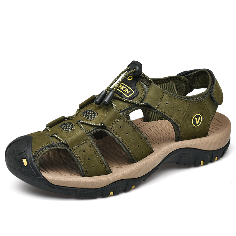 7239 summer men's shoes outdoor beach shoes large size cross-border sandals covered toe Velcro leather top layer cowhide surface tide